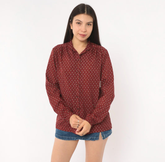 80s Koret Burgundy Chain Link Print Button Blouse Long Sleeve Medium M
