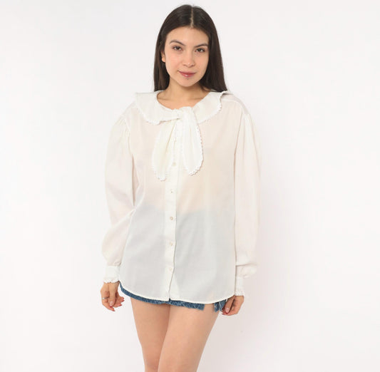 70s Lady Oak Hill White Bow Collar Blouse Puff Sleeve Lace Trim Extra Large XL