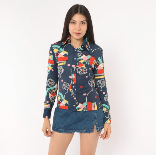 70s Panther Navy Geometric Floral Button Front Blouse Long Sleeve Small