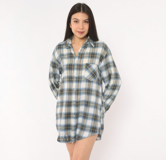 80s Sears Sportswear Plaid Flannel Shirt Blue White Cotton Button-Up Medium