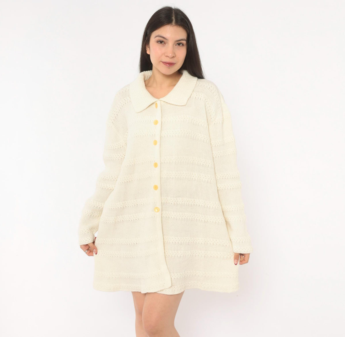 70s Cream Knit Cardigan Button Front Lacework Bands Long Sleeve Extra Large XL