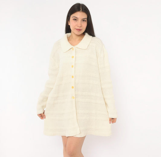 70s Cream Knit Cardigan Button Front Lacework Bands Long Sleeve Extra Large XL