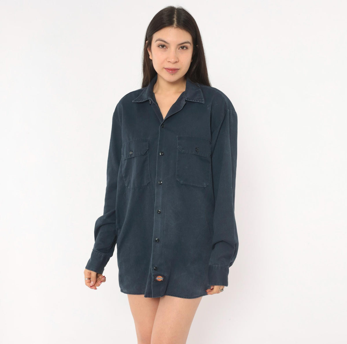2000s Dickies Navy Work Shirt Button Front Camp Collar Small S