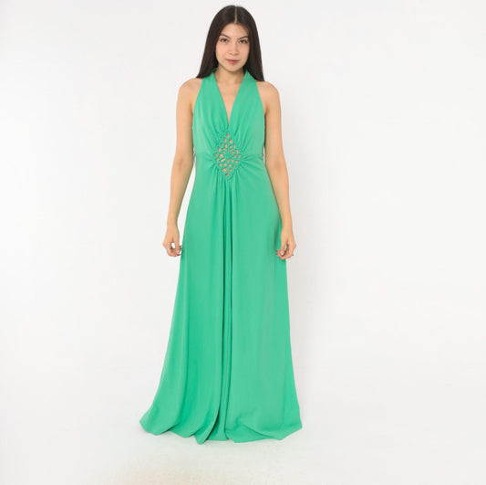 70s Mint Green Halter Maxi Dress Empire Waist Crochet Cutout V Neck Medium Large