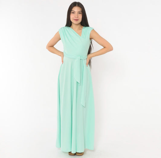 70s House of Bianchi Mint Green Maxi Dress Cap Sleeve V-Neck Sash Small