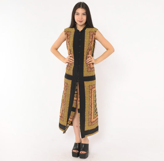 90s MHM Mandarin Collar Maxi Dress Mustard Gold Baroque Print Side Slit Large
