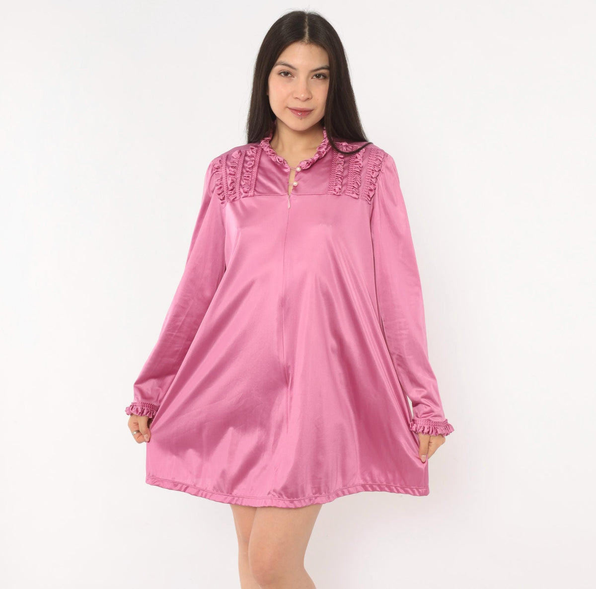 80s Vanity Fair Mauve Romper Ruffled Yoke Pearl Button Loungewear Large L