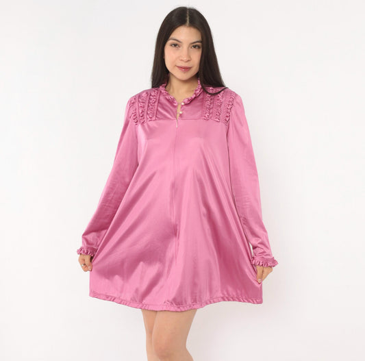 80s Vanity Fair Mauve Romper Ruffled Yoke Pearl Button Loungewear Large L