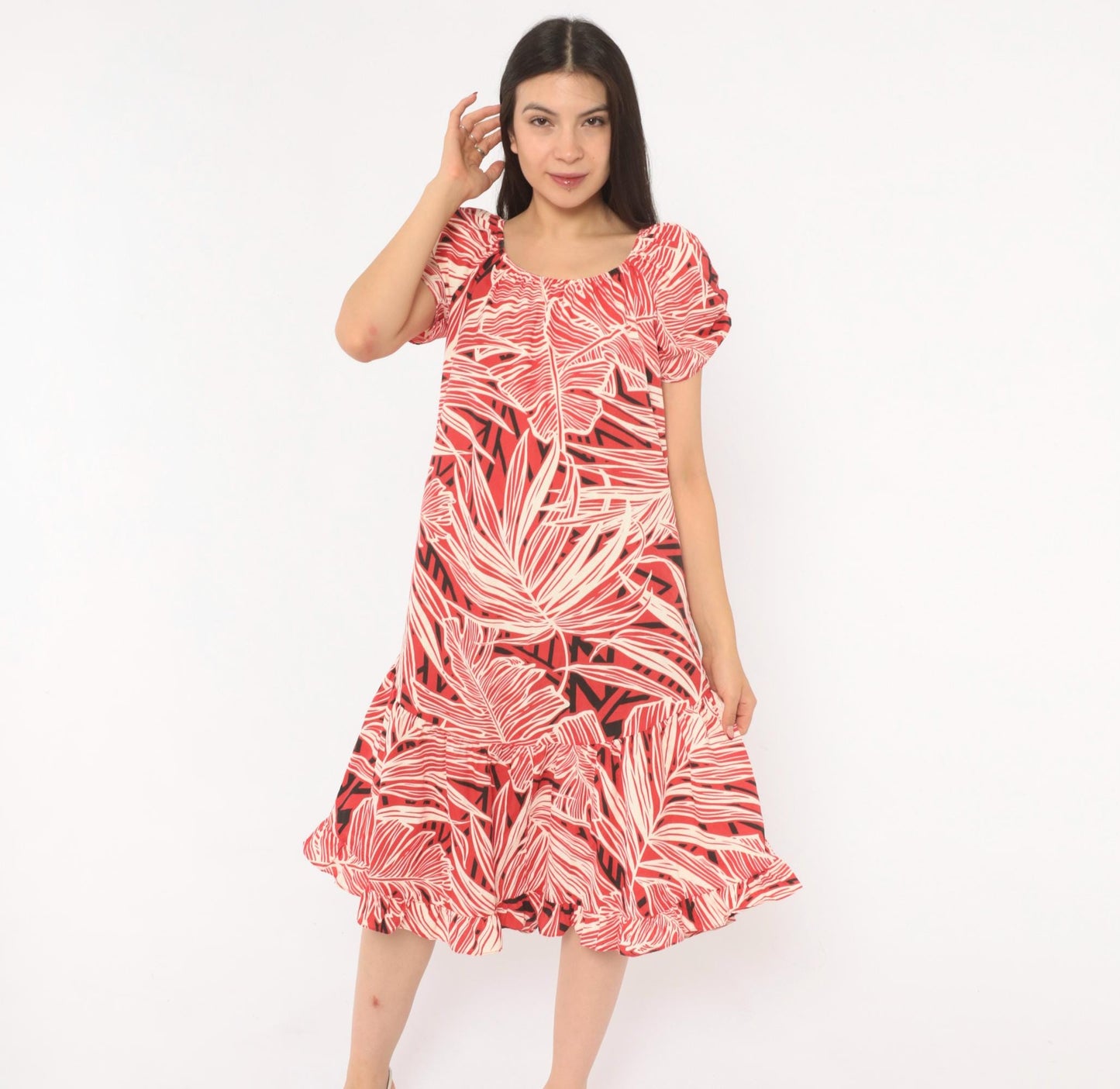 80s Me-Too Tropical Leaf Print Dress Red White Puff Sleeve Knee-Length XS