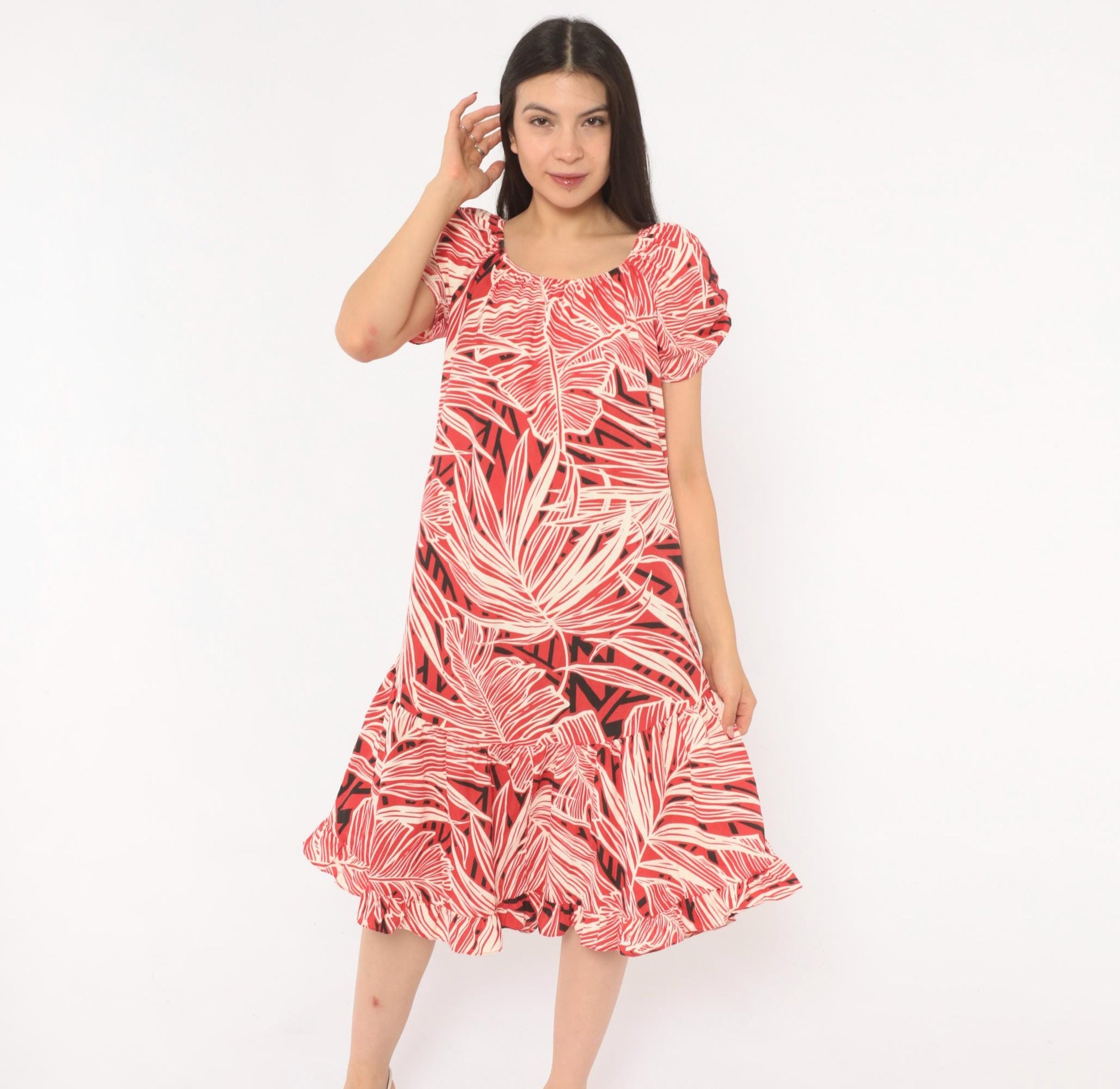 80s Me-Too Tropical Leaf Print Dress Red White Puff Sleeve Knee-Length XS