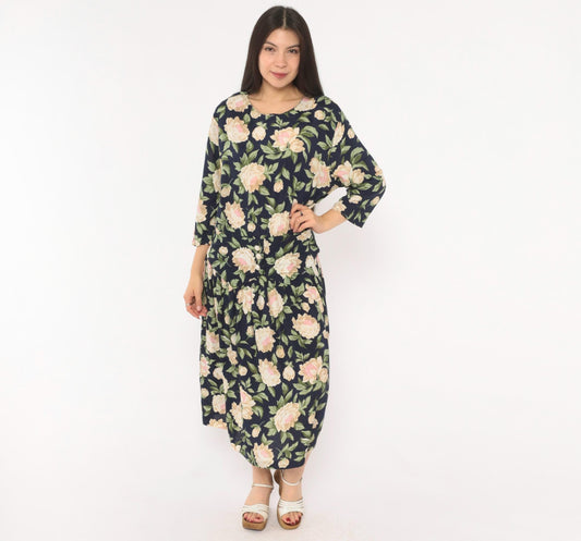 90s Caroline Wells Peony Floral Midi Dress Navy Cream Drop Waist Large L
