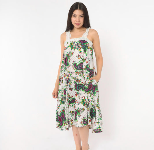 70s Paisley Floral Sundress White Green Purple Eyelet Lace Midi Extra Small