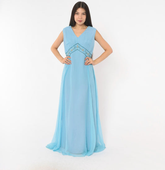 70s Elgin Dress Sky Blue Empire Waist Maxi Gown Beaded V Neck Large L