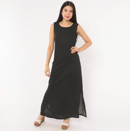 90s Jamie Brooke Black White Polka Dot Maxi Dress Sleeveless Medium