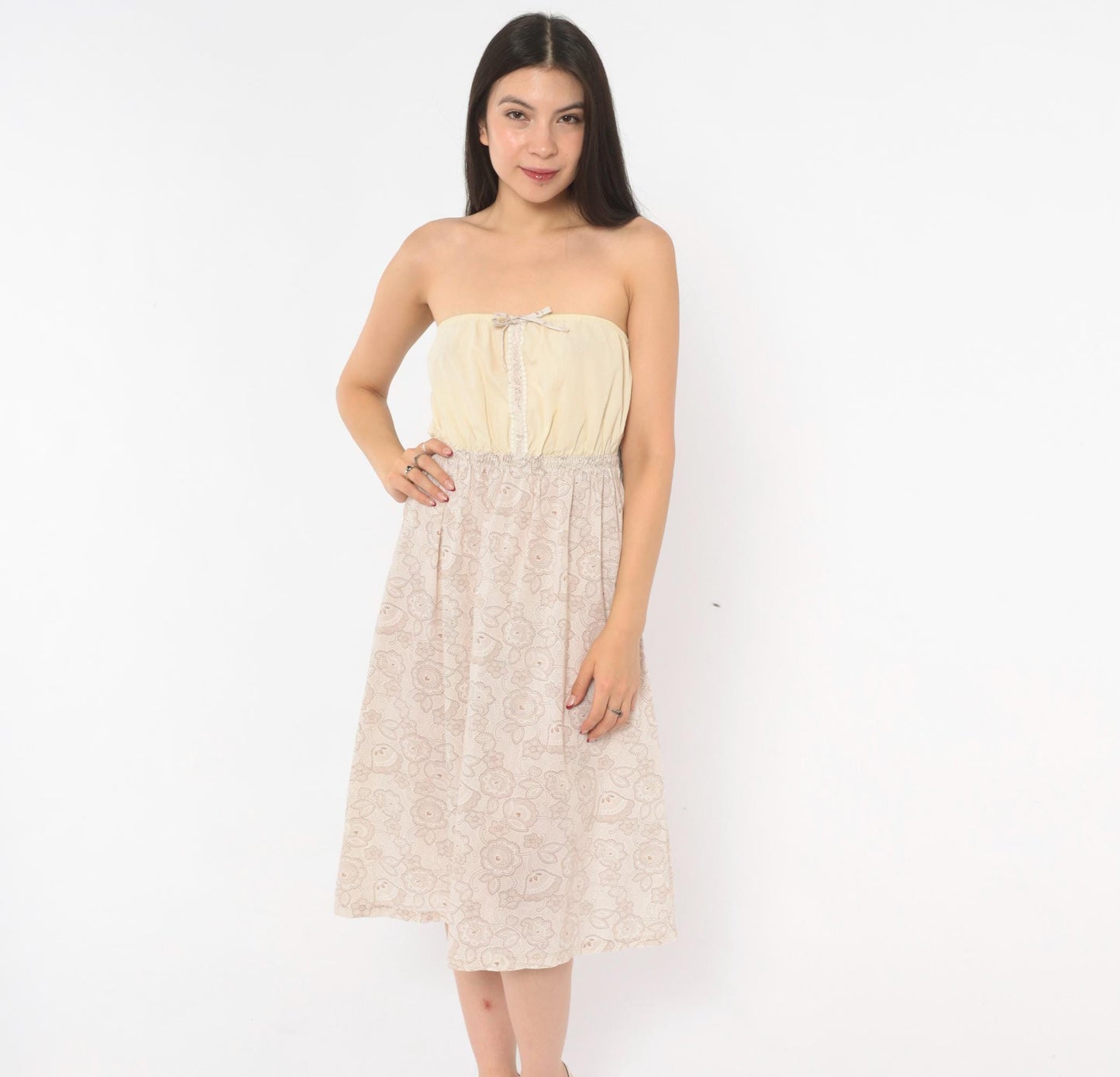 90s Cream Paisley Strapless Sundress Floral Print Lace Trim Small