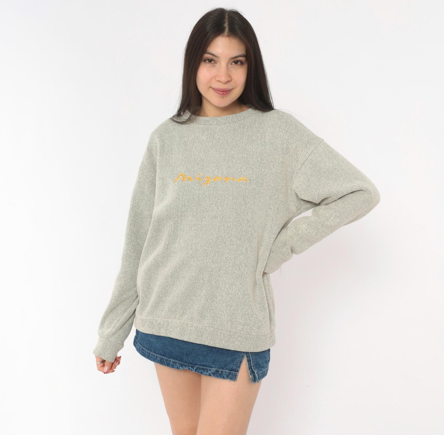 90s Arizona Embroidered Crewneck Sweater Tan Grey Speckled Niko's Large L