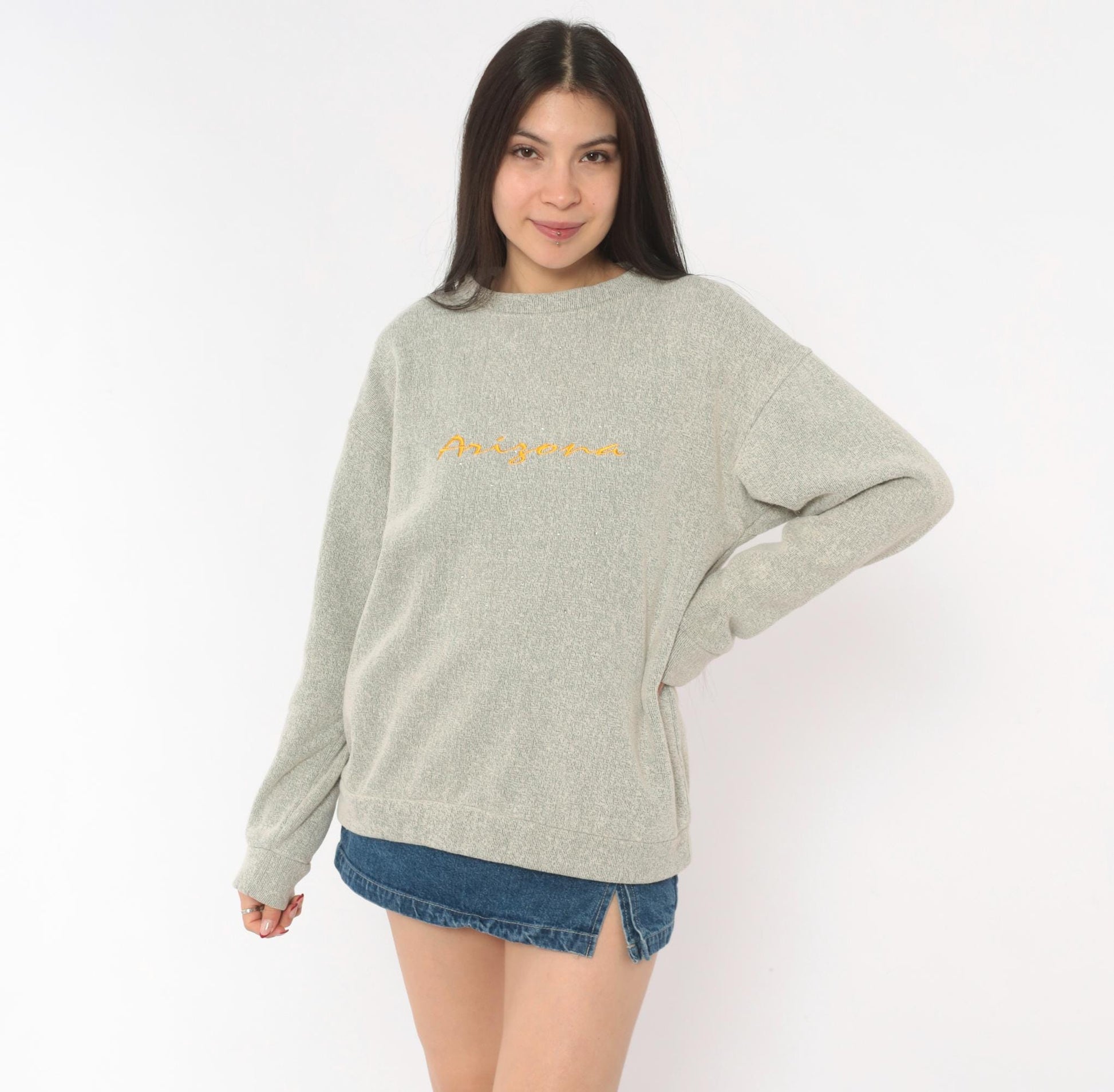90s Arizona Embroidered Crewneck Sweater Tan Grey Speckled Niko's Large L