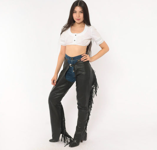 90s Black Leather Chaps Fringe Western Silver Buckle Motorcycle
