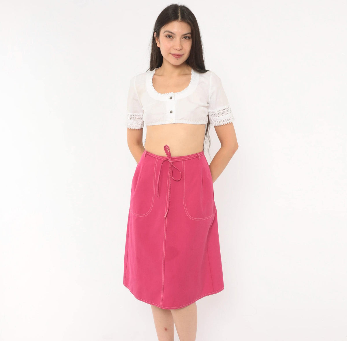 80s Koret Hot Pink A-Line Skirt Tie Waist Patch Pockets Small Medium