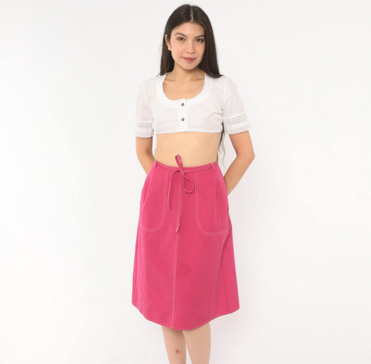 80s Koret Hot Pink A-Line Skirt Tie Waist Patch Pockets Small Medium