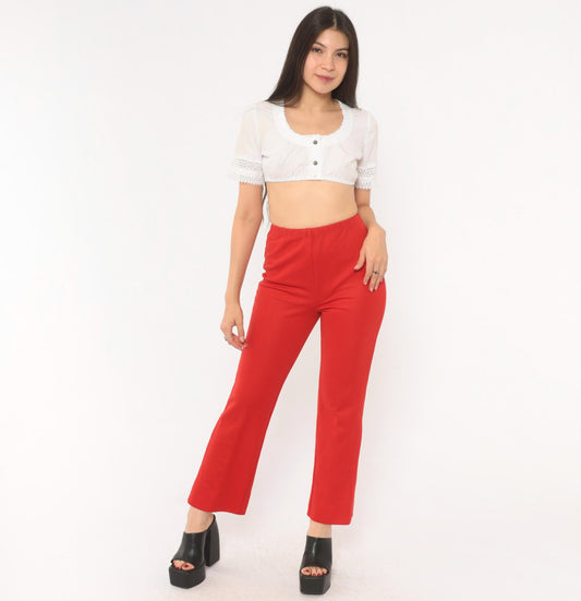 70s Red High Rise Straight Leg Pants Elastic Waist Pull On Trousers Extra Small XS
