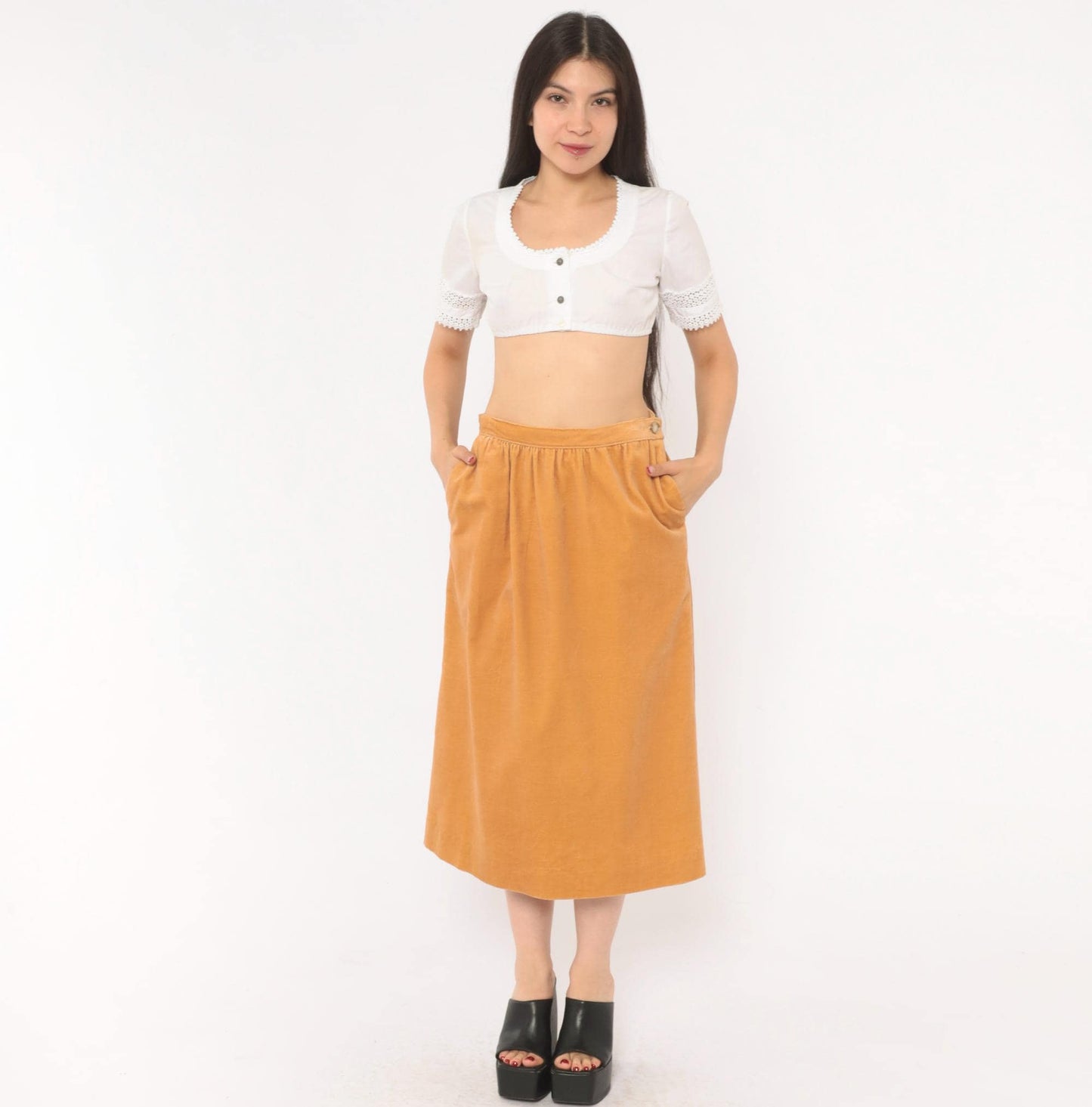 80s Evan Picone Velvet Midi Skirt Camel A-Line Button Pockets Medium M