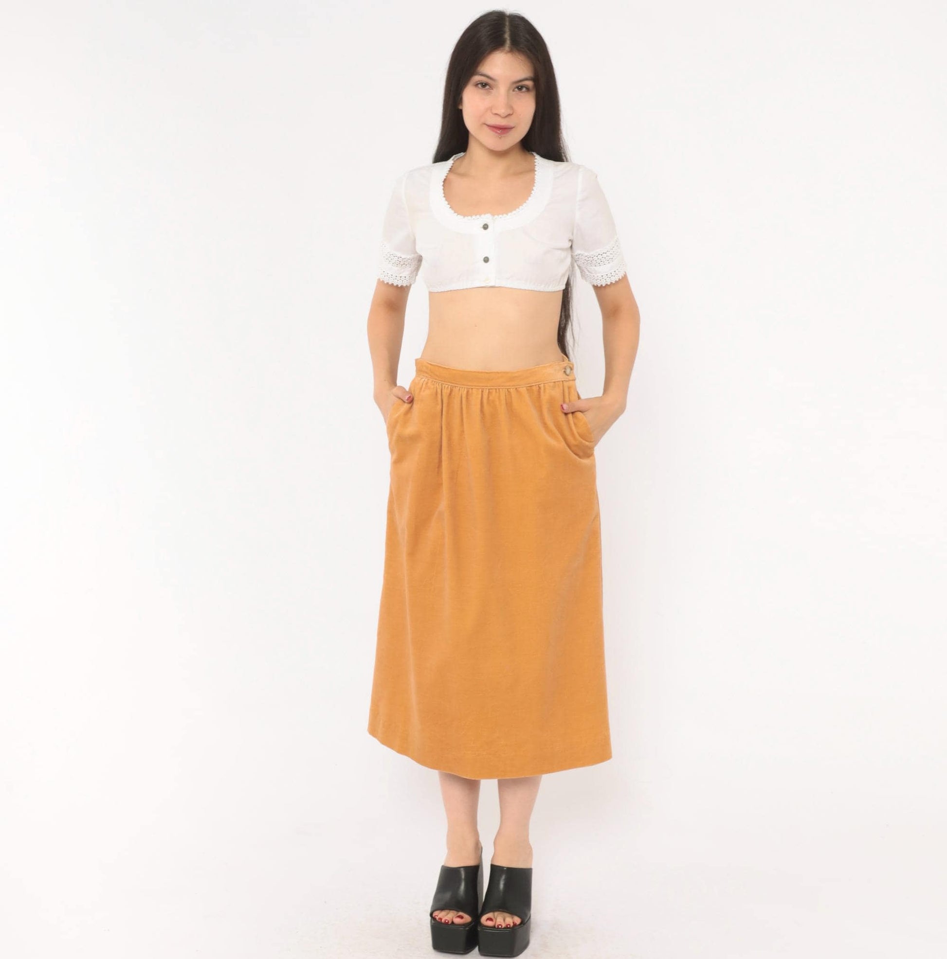 80s Evan Picone Velvet Midi Skirt Camel A-Line Button Pockets Medium M