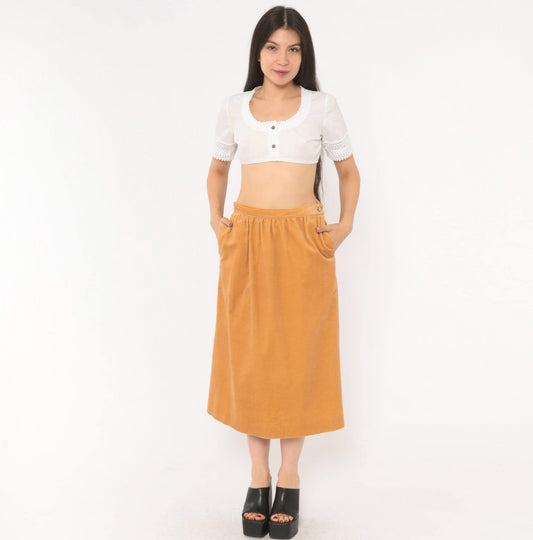 80s Evan Picone Velvet Midi Skirt Camel A-Line Button Pockets Medium M