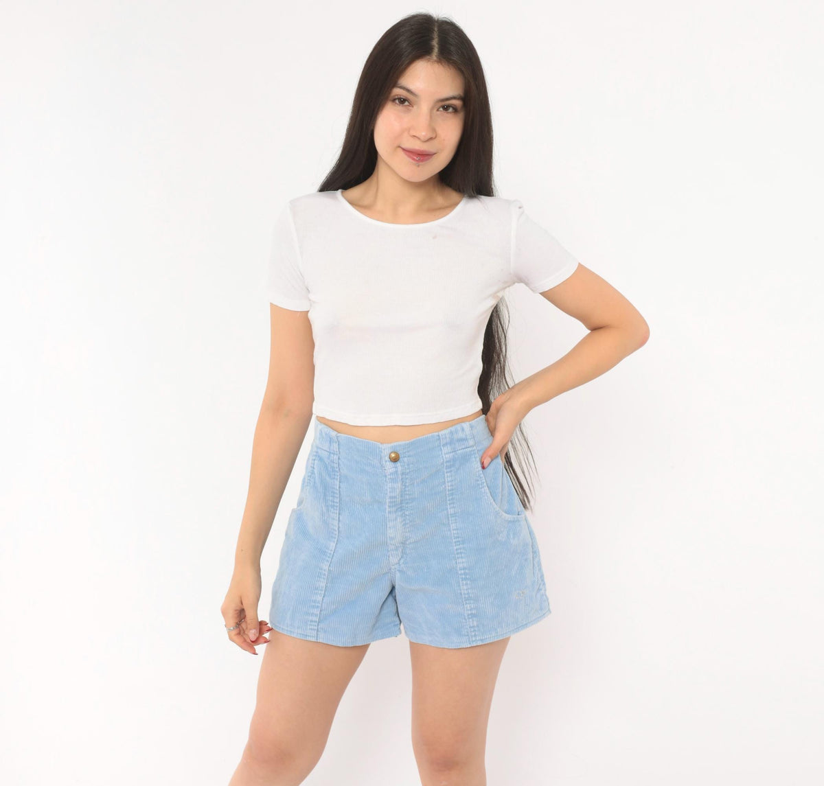 80s Ocean Pacific Corduroy Shorts Sky Blue High Waist Cotton Medium