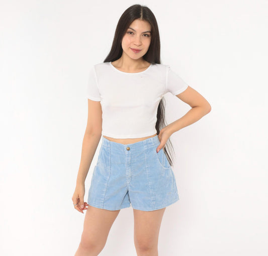 80s Ocean Pacific Corduroy Shorts Sky Blue High Waist Cotton Medium