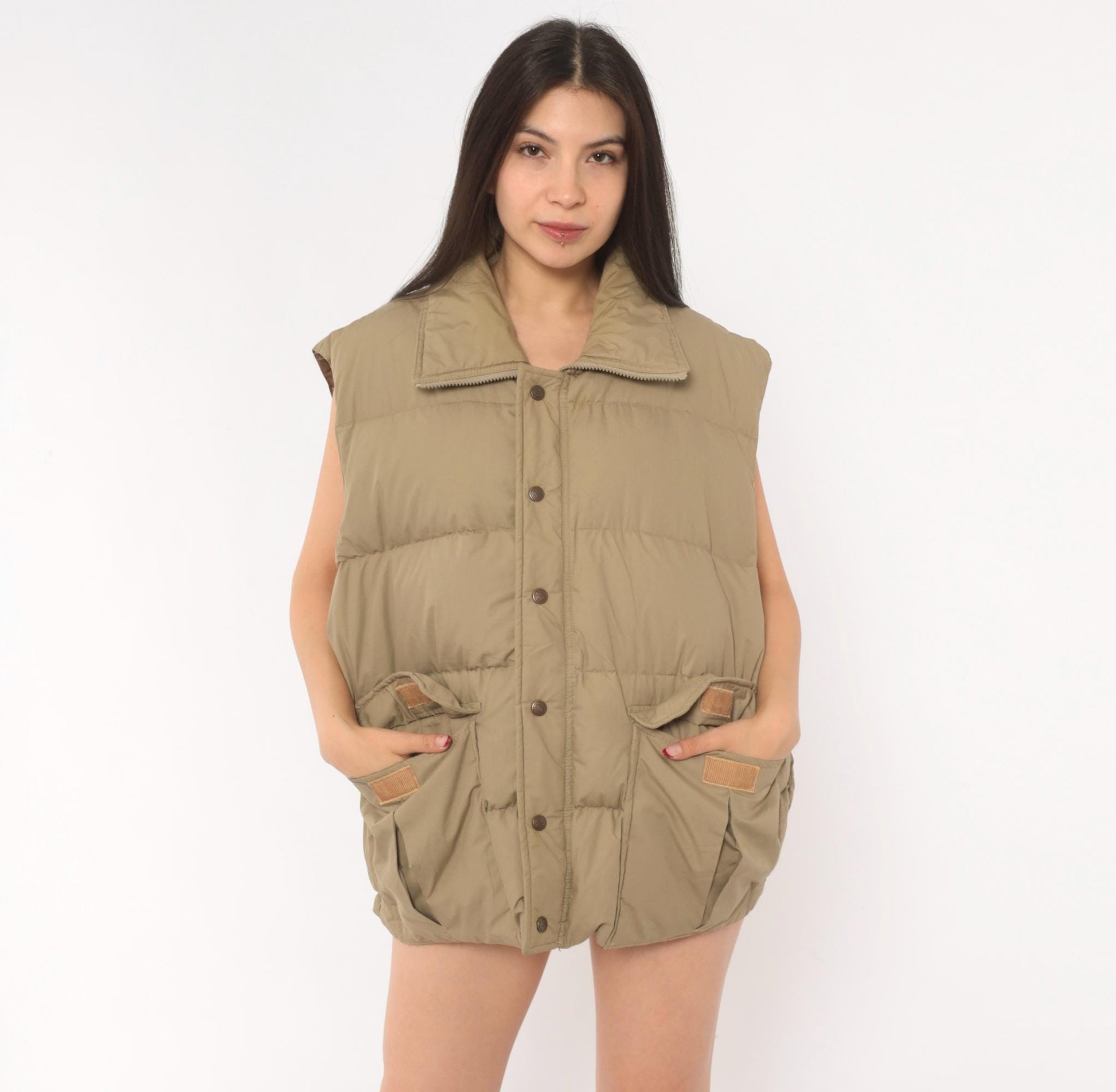 80s Tan Puffer Vest Sears Snap Front Quilted Down Gilet Plus Size XXL