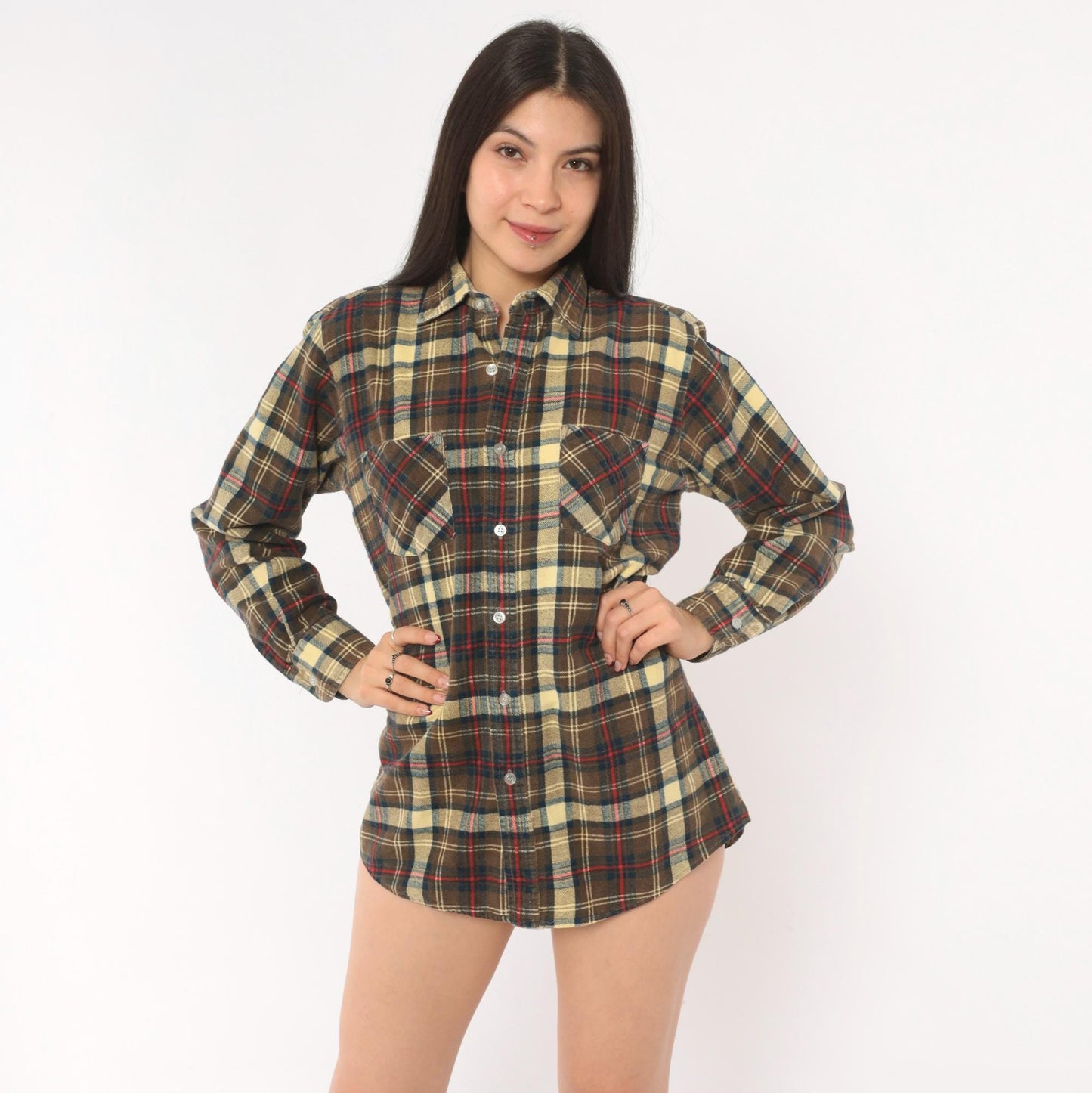 90s Chandler Plaid Flannel Shirt Brown Tan Red Navy Cotton Small S
