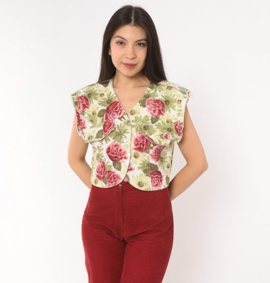 90s International Image Trends Floral Denim Vest Cropped Cap Sleeve Medium