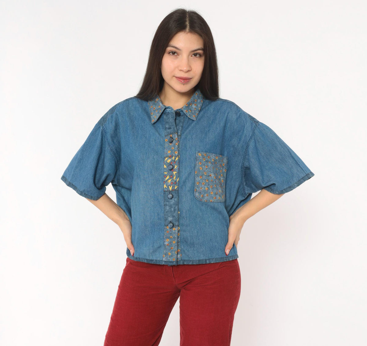 90s St. Jeanne Denim Shirt Patchwork Print Button Front Cotton Extra Large XL
