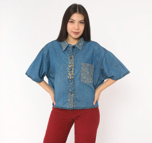 90s St. Jeanne Denim Shirt Patchwork Print Button Front Cotton Extra Large XL