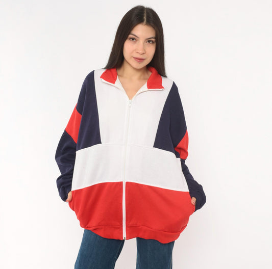 80s Active Wear Color Block Zip Jacket Navy Red White Striped Men's Large