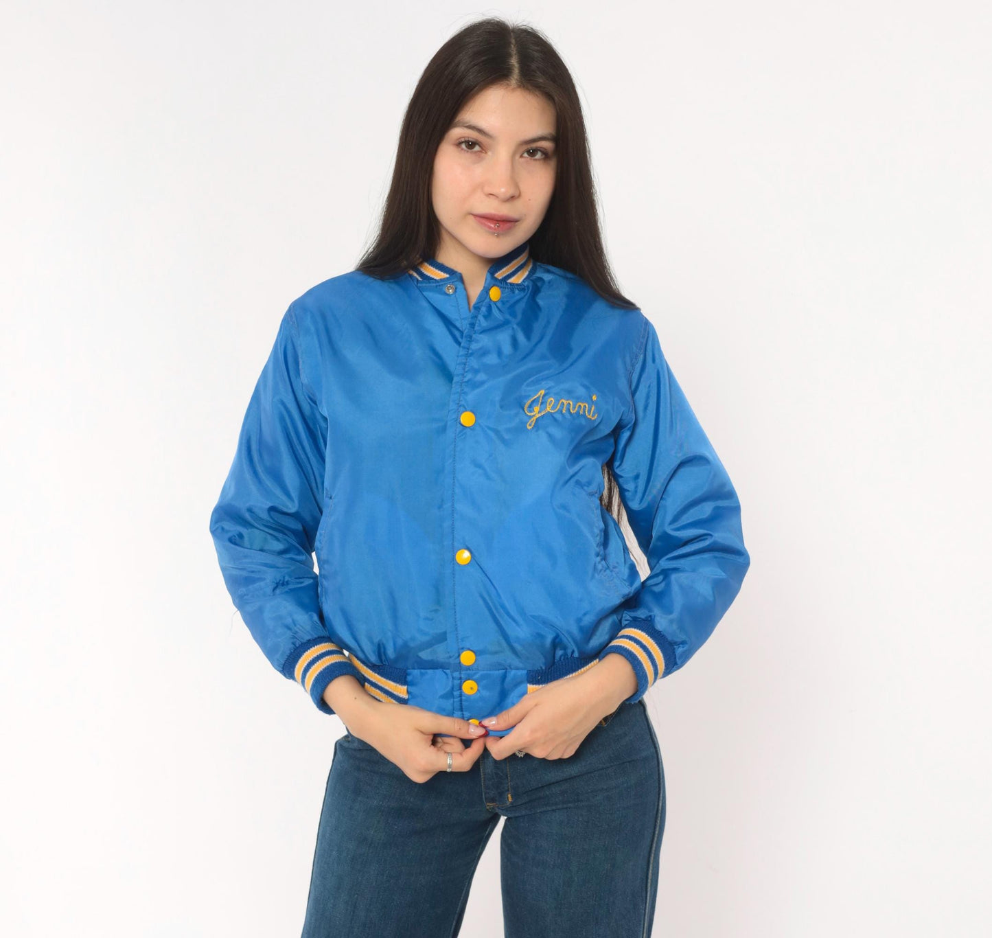 80s West Wind Royal Blue Satin Bomber Jacket Hastings Embroidered Gold Lined XS
