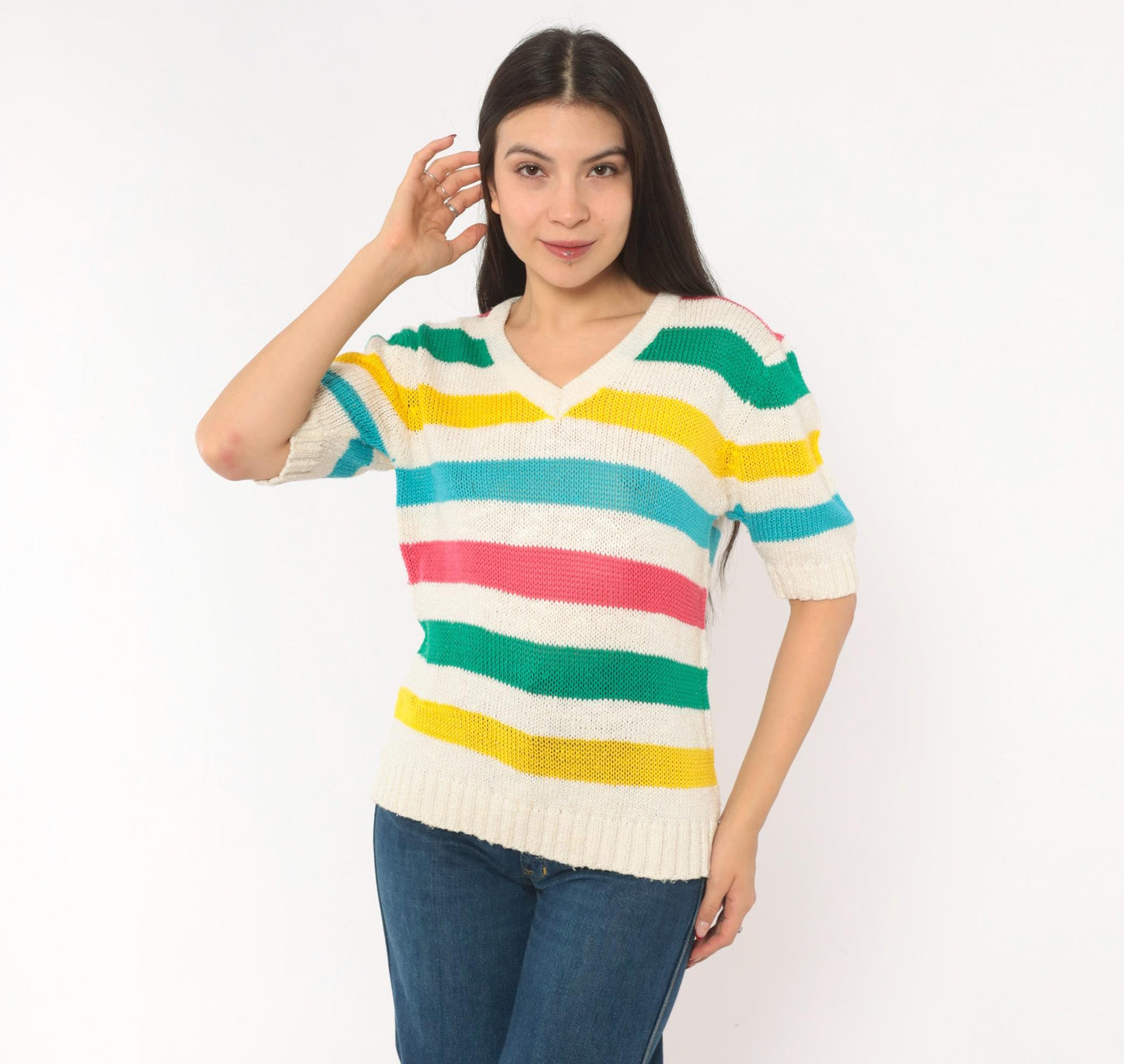 90s Brittania Rainbow Stripe V-Neck Knit Pullover Cream Cotton Medium M