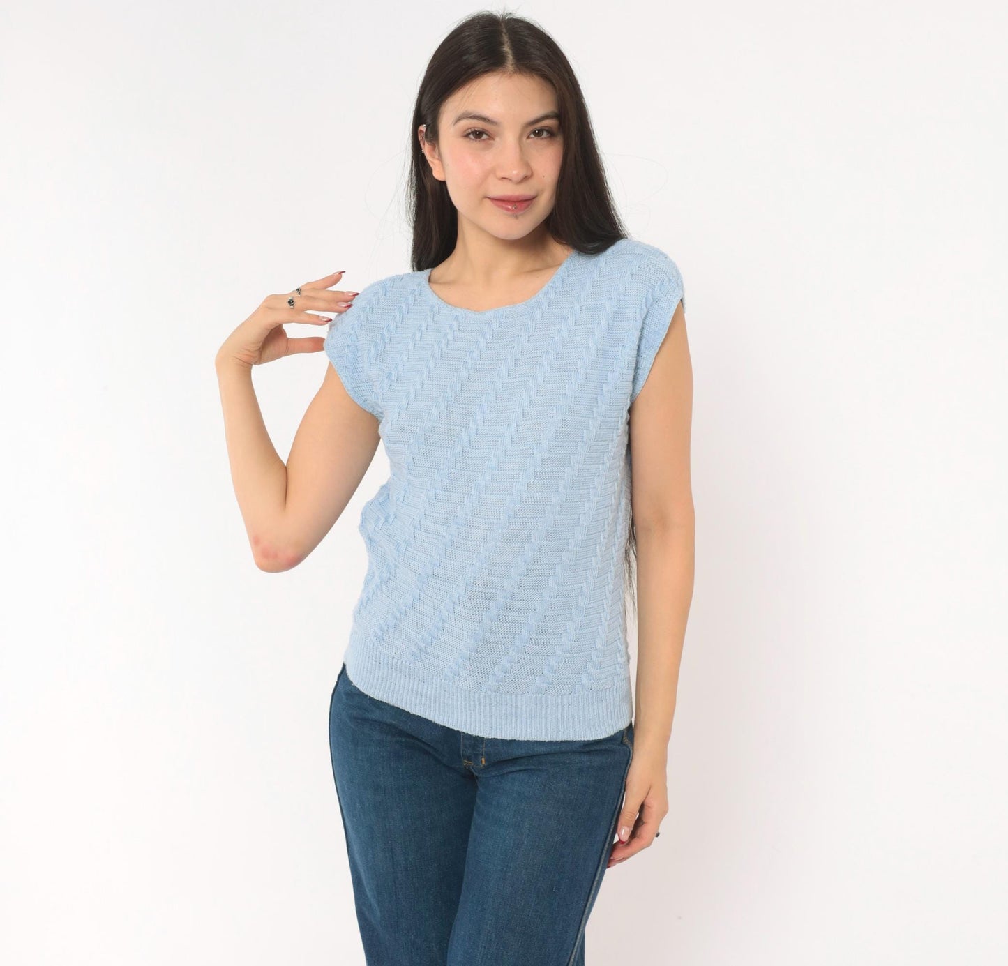 80s King Basketweave Knit Top Cap Sleeve Powder Blue Small Medium