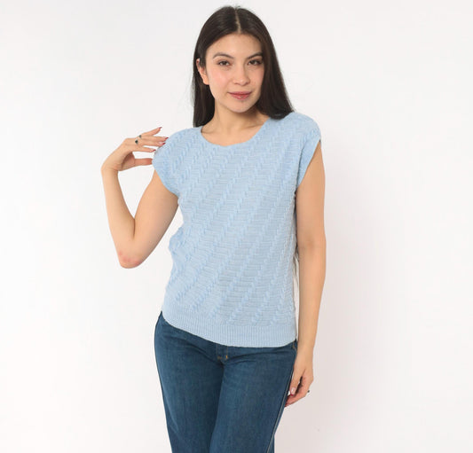 80s King Basketweave Knit Top Cap Sleeve Powder Blue Small Medium