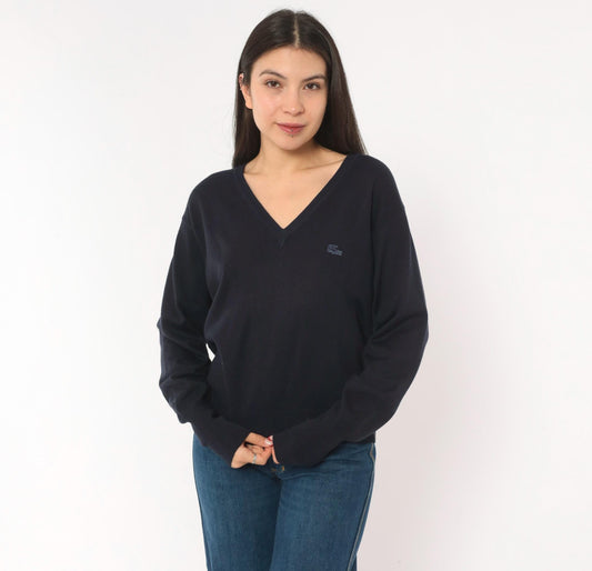80s Izod Lacoste V-Neck Sweater Navy Wool Blend Raglan Pullover Small