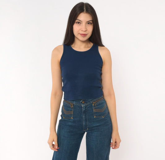 80s Navy Ribbed Tank Top Scoop Neckline Fitted Crop Cotton Extra Small XS