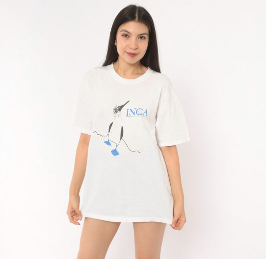 90s Hanes Blue Footed Booby INCA Wildlife Graphic Tee White Cotton Medium