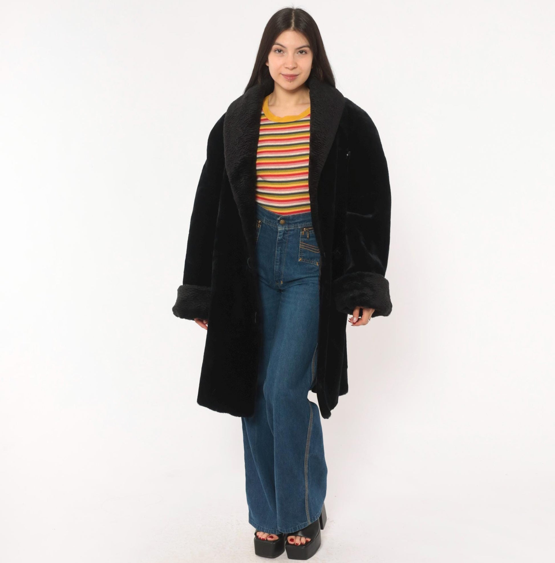 70s Gallery Black Faux Fur Coat Astrakhan Collar Knee-Length Extra Large XL