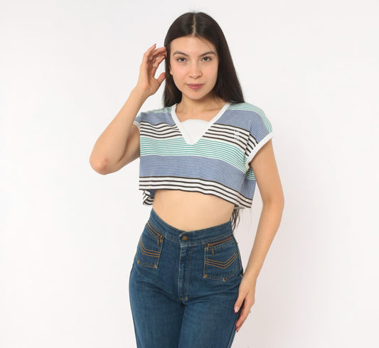 80s Lily's of Beverly Hills Striped Crop Top V-Neck Cap Sleeve Medium