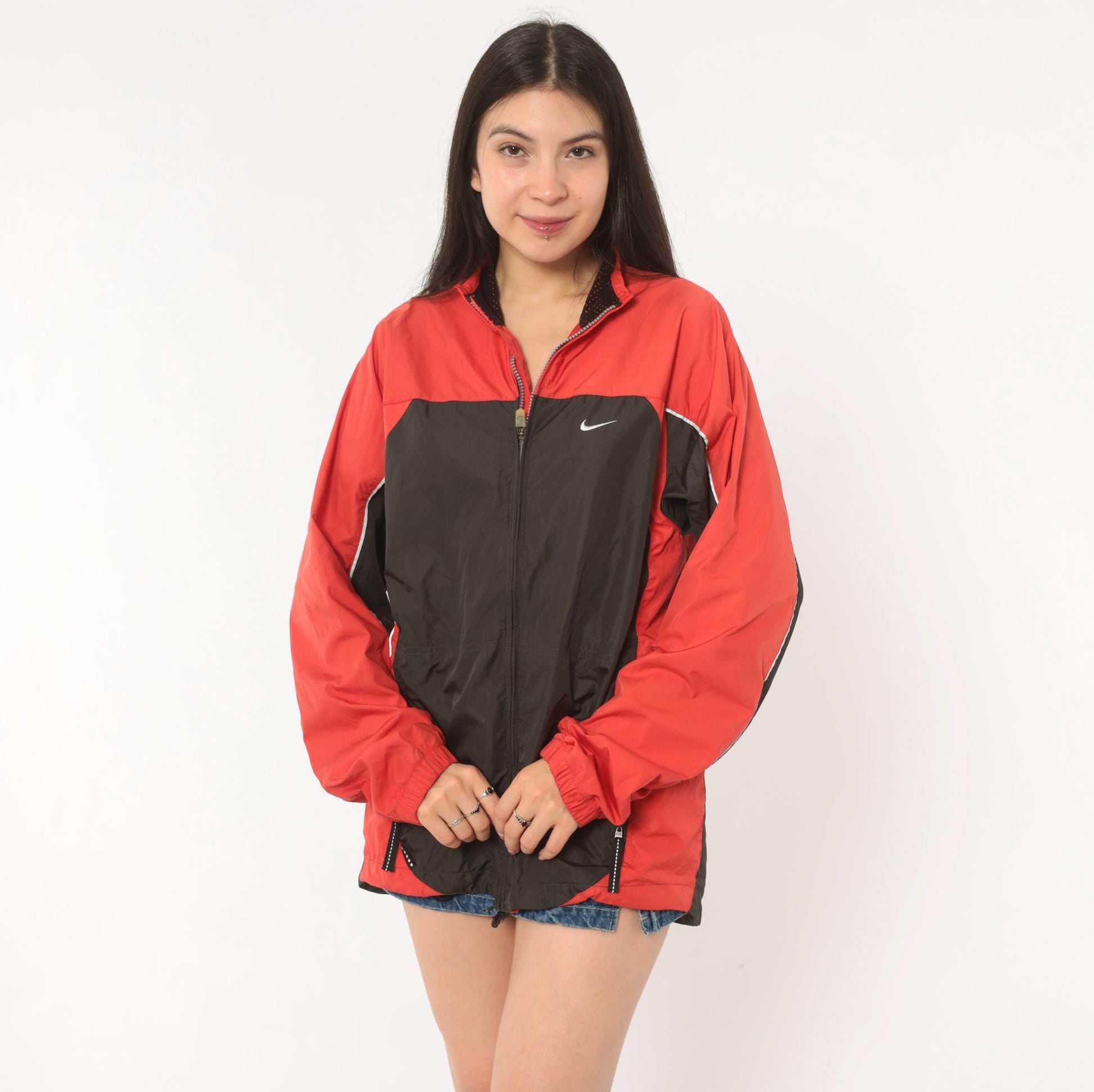 2000s Nike Windbreaker Red Black Color Block Raglan Small S