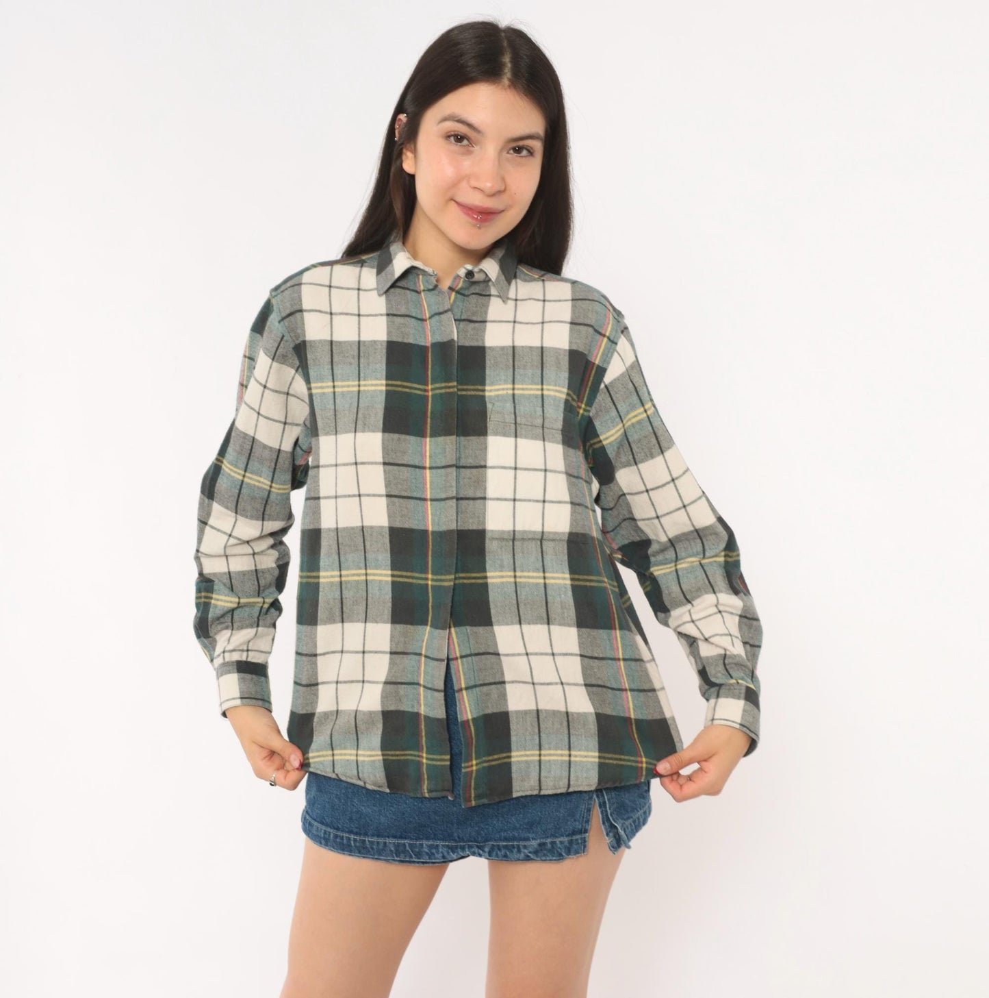 90s Diane Von Furstenberg Plaid Flannel Shirt Grey Green Cream Tartan Blouse