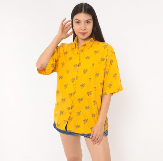 90s Biz Tango Mustard Floral Button-Up Shirt Cotton Medium M