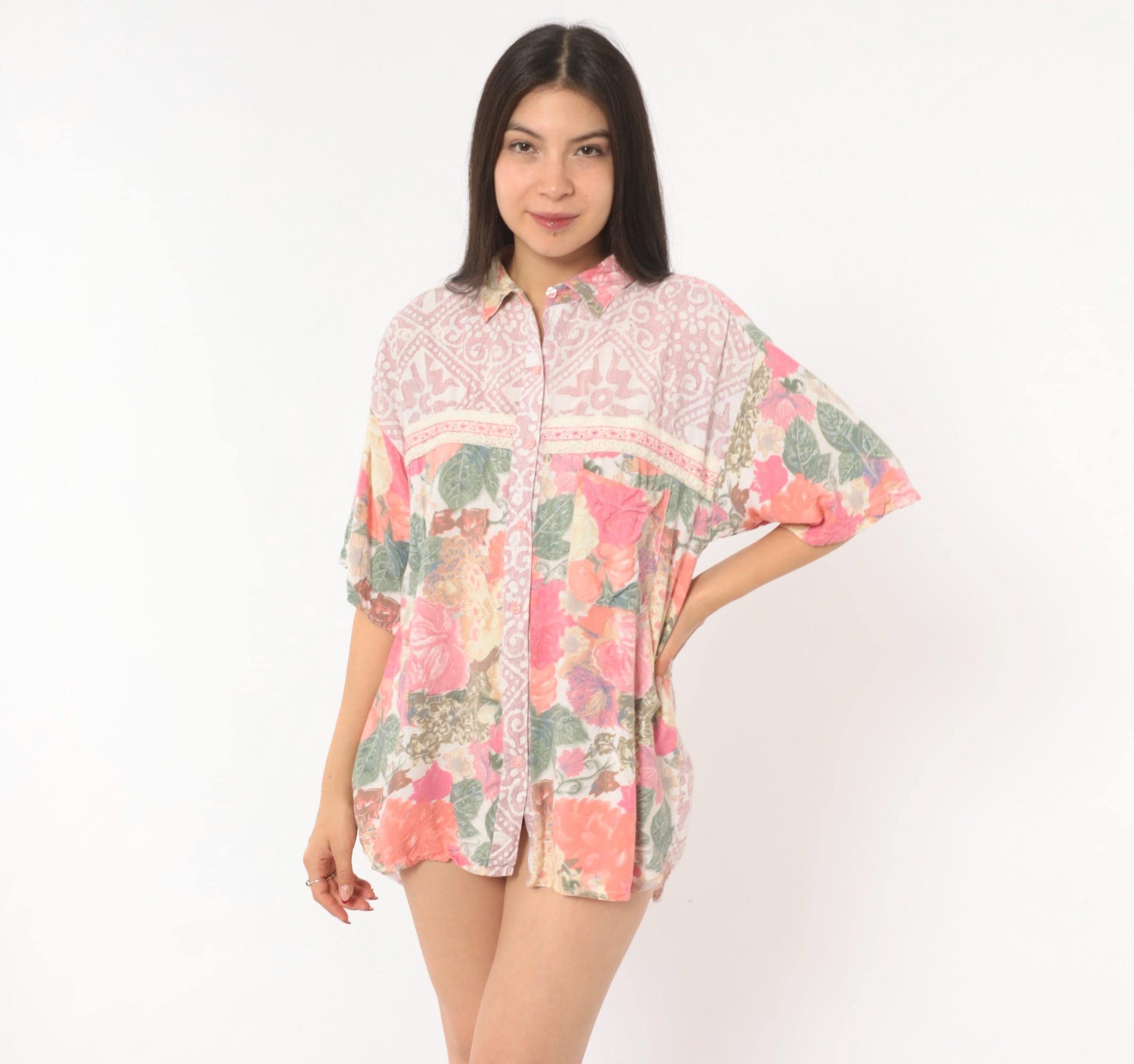 90s Hg Ny Floral Button Up Blouse Pink Cream Lace Trim Large L