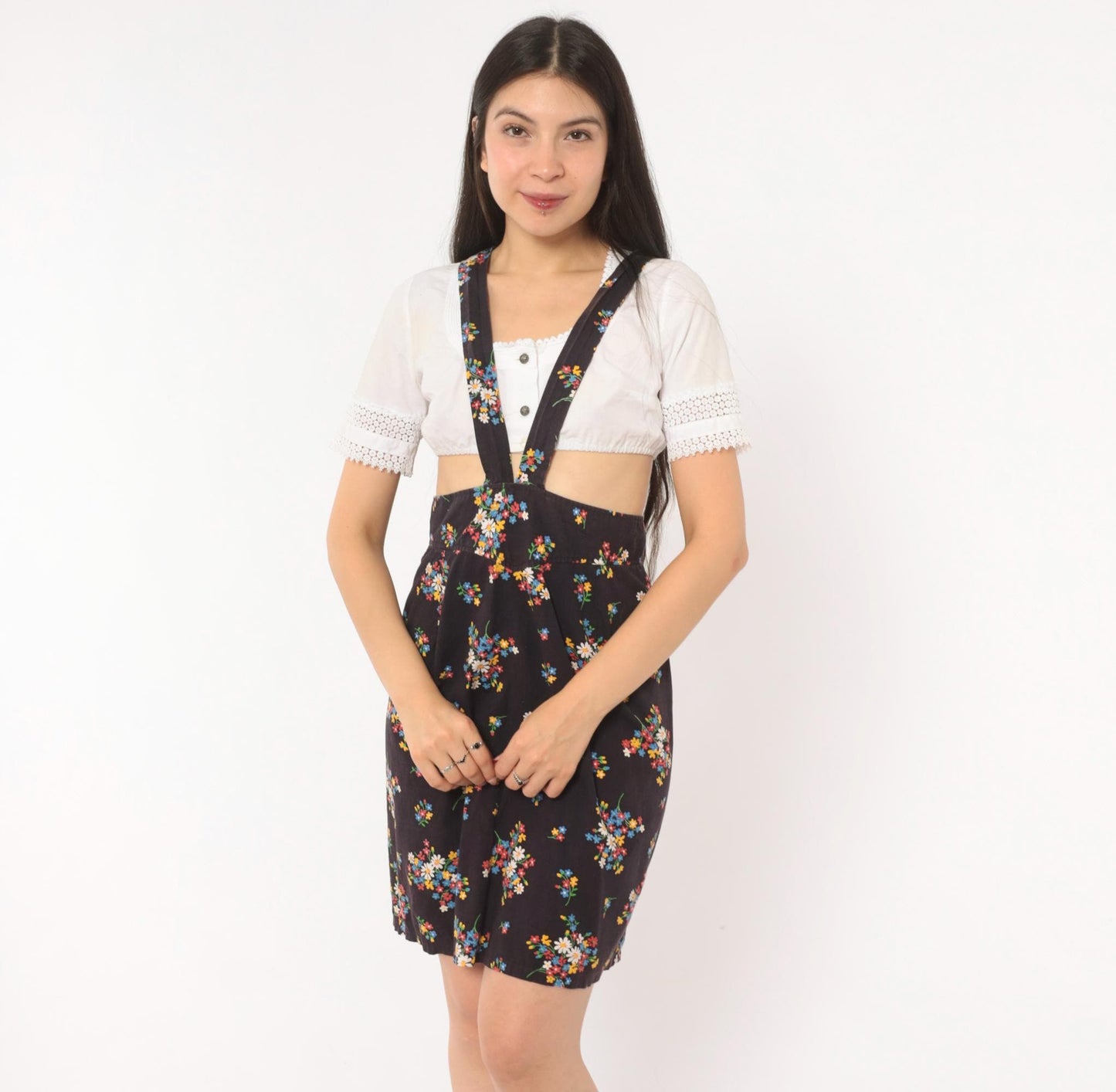 70s Black Floral Suspender Mini Dress Cotton Wildflower Print Small S